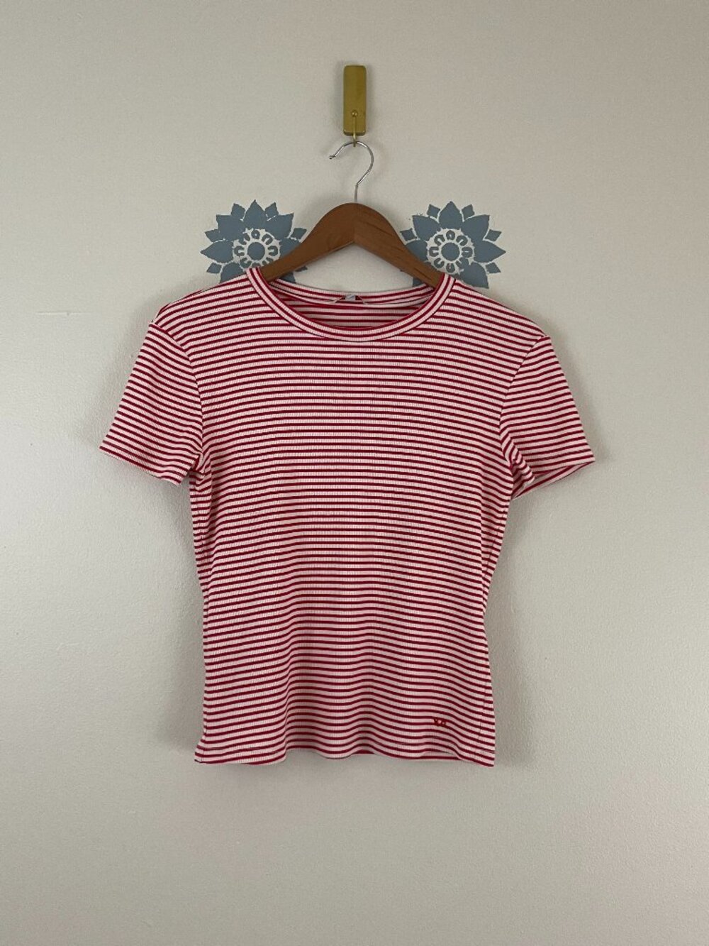 Frances Valentine Crewneck Ribbed Stripe Tee in Red Size Small